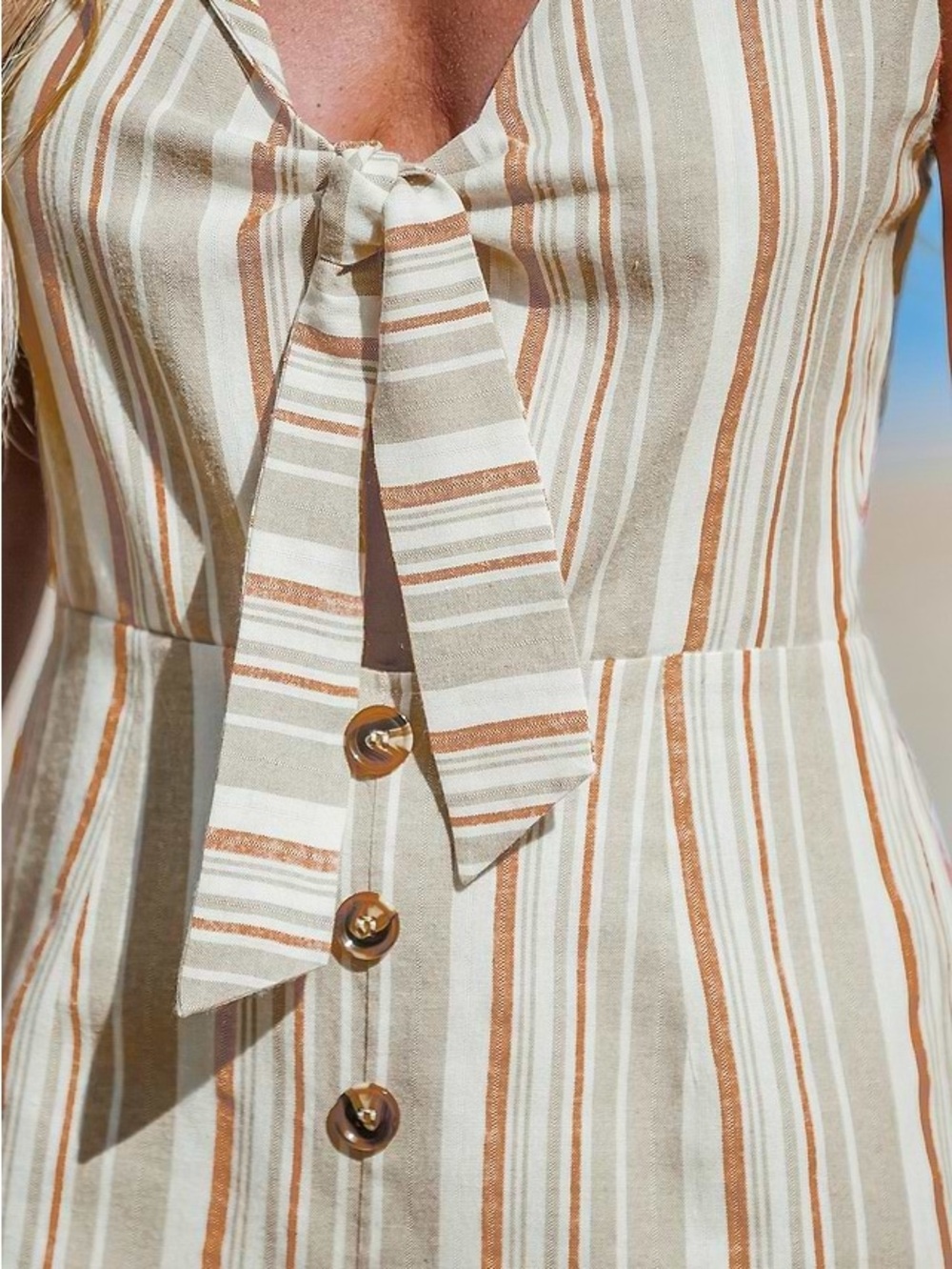 Cupshe Cream and Rust Striped Tie-Front Romper - Picture 3 of 7